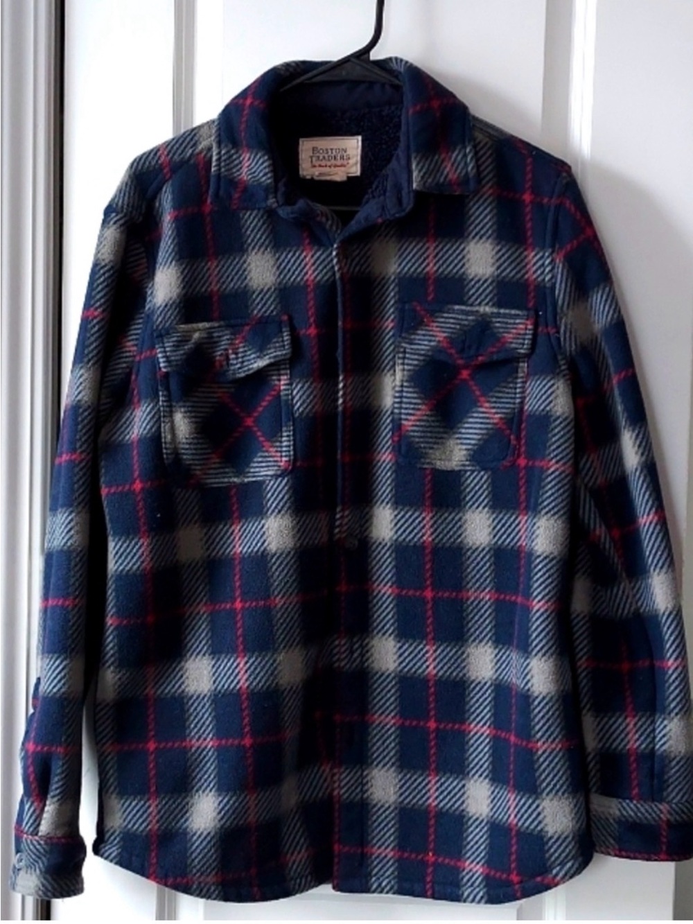 Boston Traders Versatile Men’s Navy Red Gray Plaid Fleece  Flannel Shirt Jacket